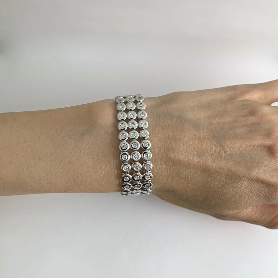 Wide 3-Row Bezel Diamond Bracelet 14K White Gold 7 Inches, 6.45 CTW, 43.60 Grams - 3