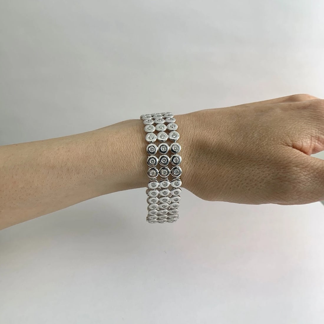 Wide 3-Row Bezel Diamond Bracelet 14K White Gold 7 Inches, 6.45 CTW, 43.60 Grams - 4