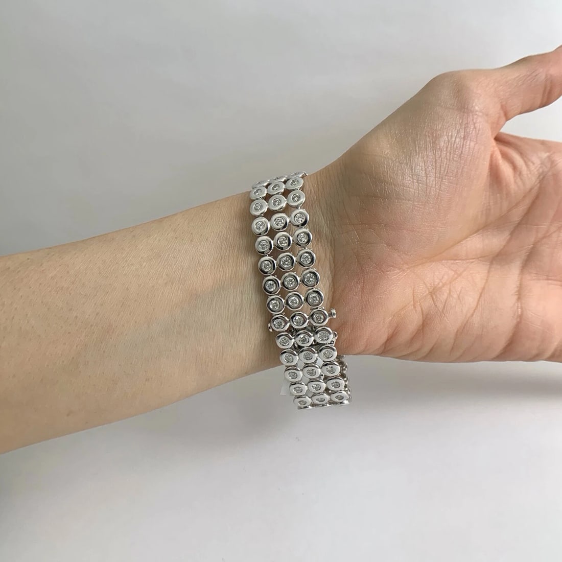 Wide 3-Row Bezel Diamond Bracelet 14K White Gold 7 Inches, 6.45 CTW, 43.60 Grams - 5