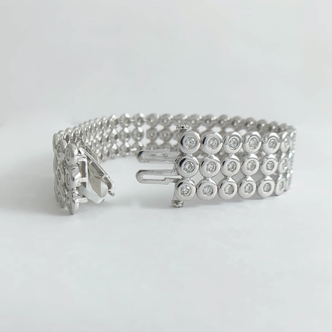 Wide 3-Row Bezel Diamond Bracelet 14K White Gold 7 Inches, 6.45 CTW, 43.60 Grams - 7