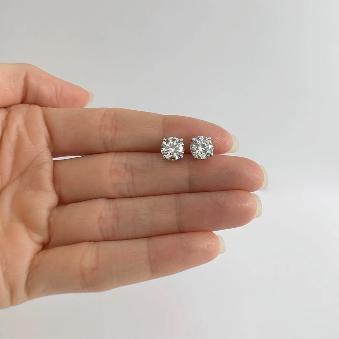 Round Diamond Stud Earrings 14K White Gold 4-Prong Basket Push Backs, 3.06 CTW - 2