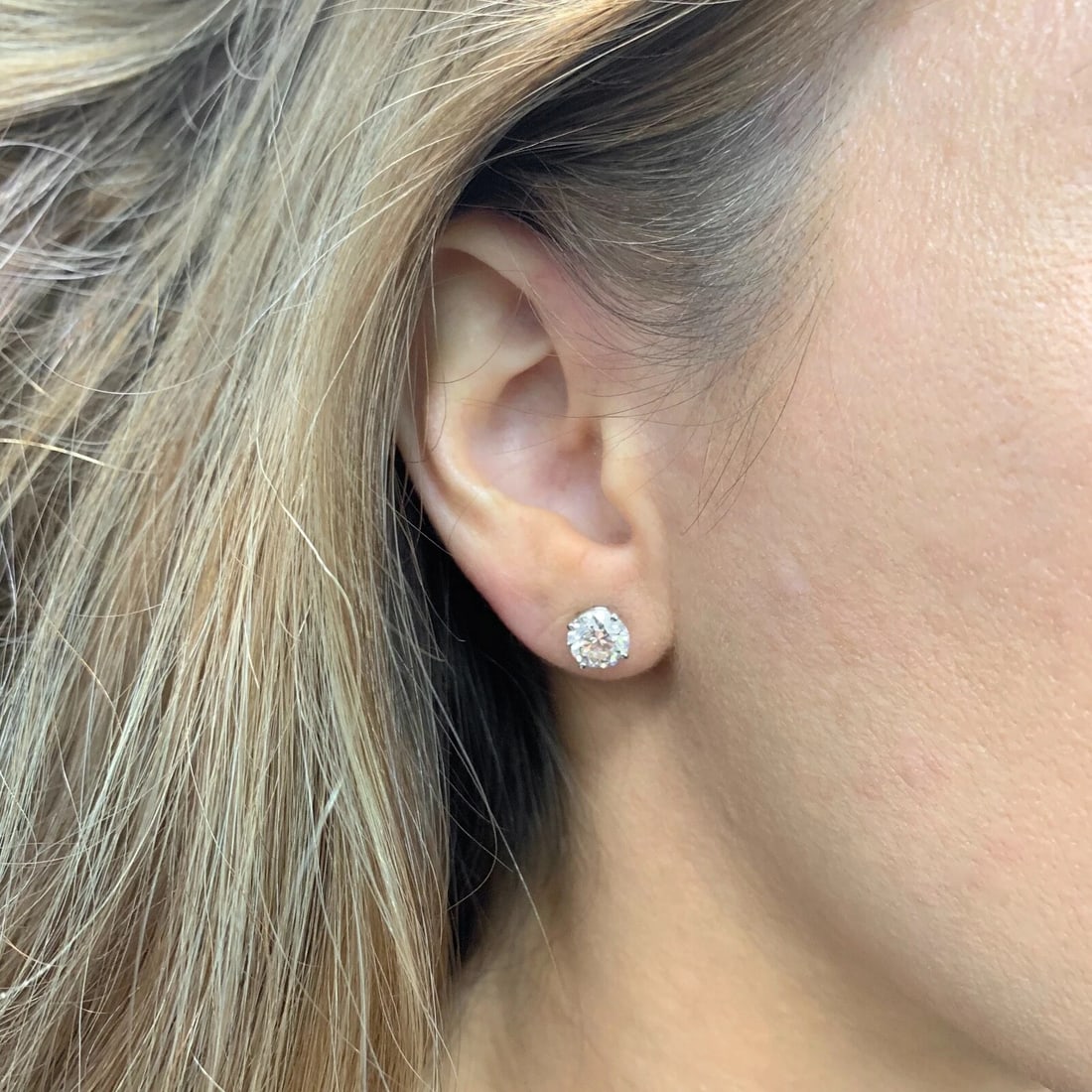 Round Diamond Stud Earrings 14K White Gold 4-Prong Basket Push Backs, 3.06 CTW - 4