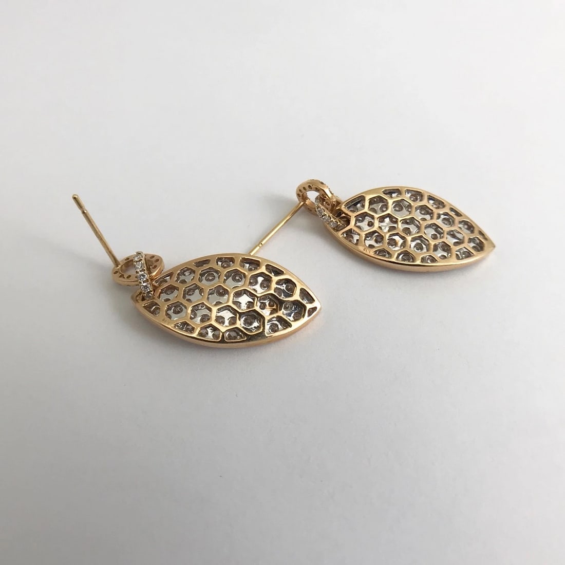 Pave Diamond Leaf Hanging Dangle Drop Earrings 18K Pink Rose Gold, 2.26 CTW - 12