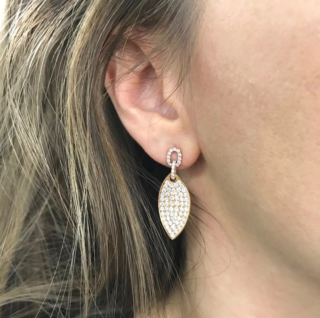 Pave Diamond Leaf Hanging Dangle Drop Earrings 18K Pink Rose Gold, 2.26 CTW - 3
