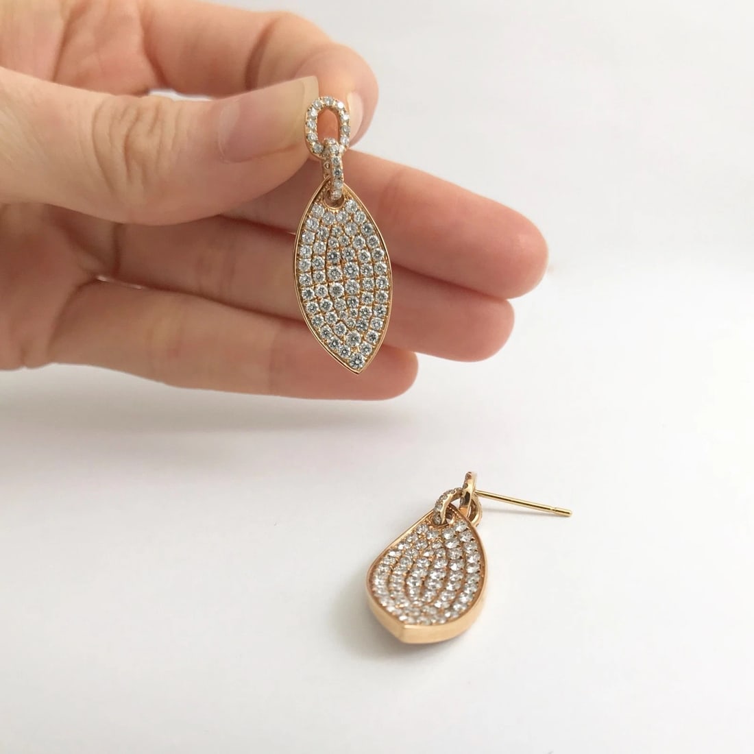 Pave Diamond Leaf Hanging Dangle Drop Earrings 18K Pink Rose Gold, 2.26 CTW - 6
