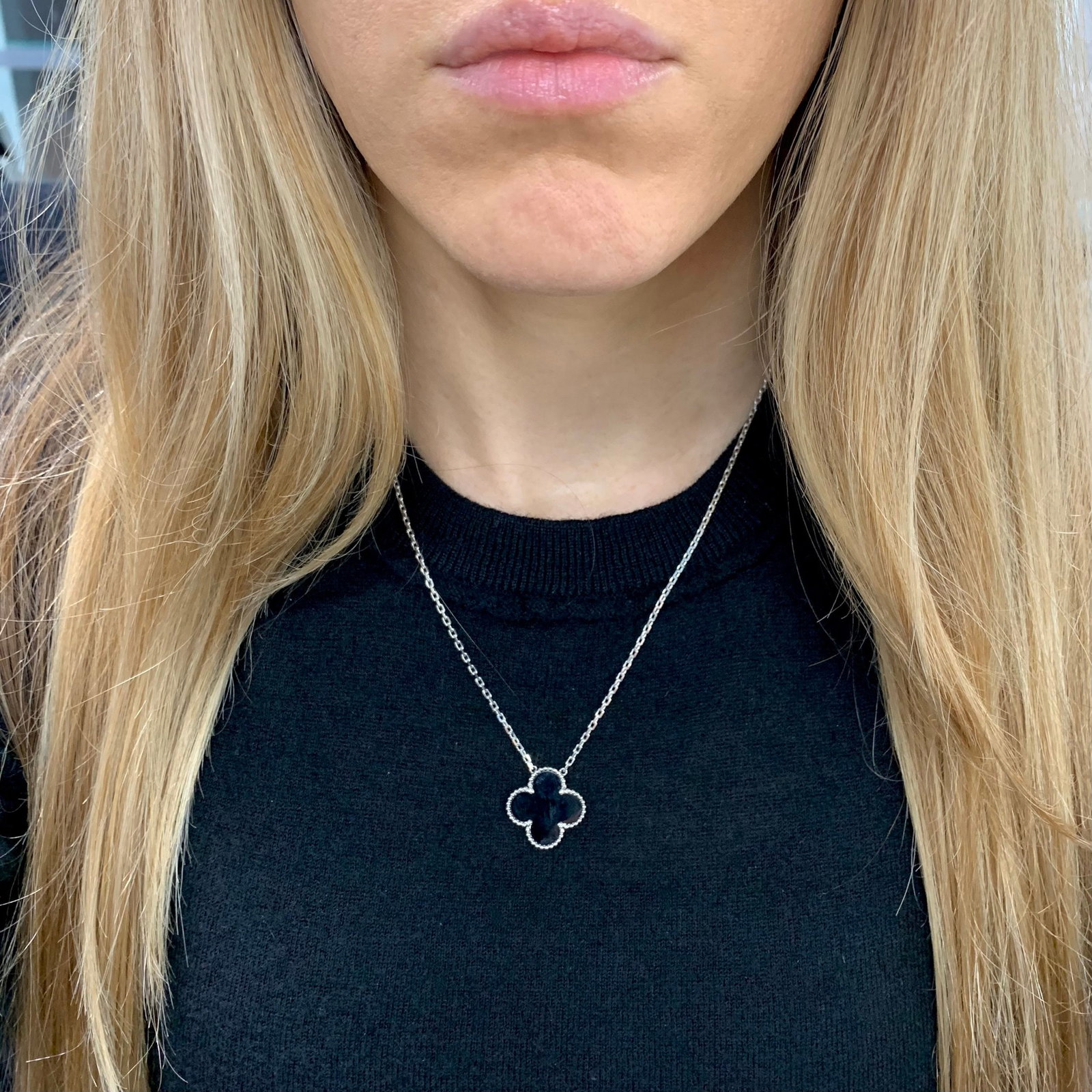 Black Onyx Clover Pendant Necklace 18K White Gold, 7.66 Grams - 4