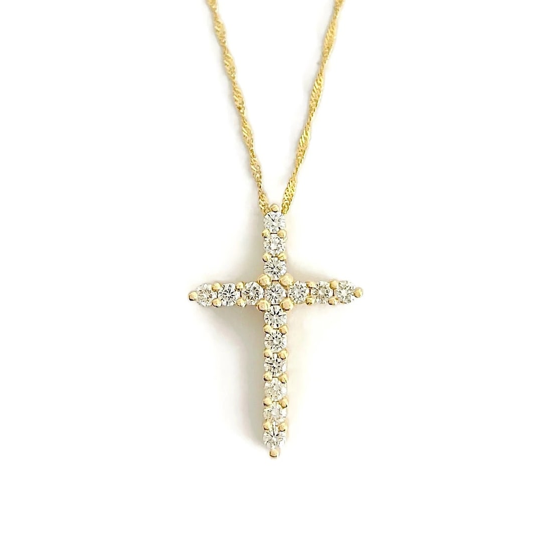 Diamond Cross Religious Pendant Necklace 14K Yellow Gold, .75 CTW: Diamond Cross Religious Pendant Necklace 14K Yellow Gold, .75 CTW This is a beautiful diamond cross necklace. Please let us know if you have any questions. Diamonds: 16 round brilliant cuts .75 ctw,