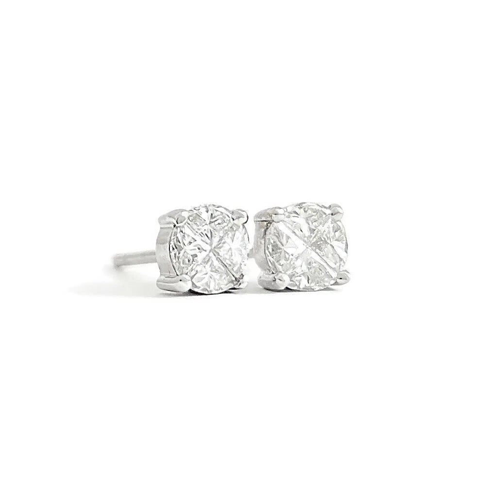 Round Invisible Set Diamond Stud Earrings 18K White Gold .88 CTW: Round Invisible Set Diamond Stud Earrings 18K White Gold .88 CTW These are lovely earrings! Please let us know if you have any questions. Diamonds: 8 trillion cuts, .88 ctw, E-F, VS2-SI1 Metal: 18K