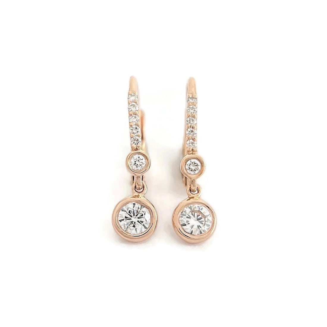 Round Bezel Diamond Dangle Drop Earrings 14K Pink Rose Gold, .77 CTW: Round Bezel Diamond Dangle Drop Earrings 14K Pink Rose Gold, .77 CTW These are beautiful earrings! Please let us know if you have any questions. Diamonds: .77 ctw; 2 round brilliant cuts .59 ctw, G,