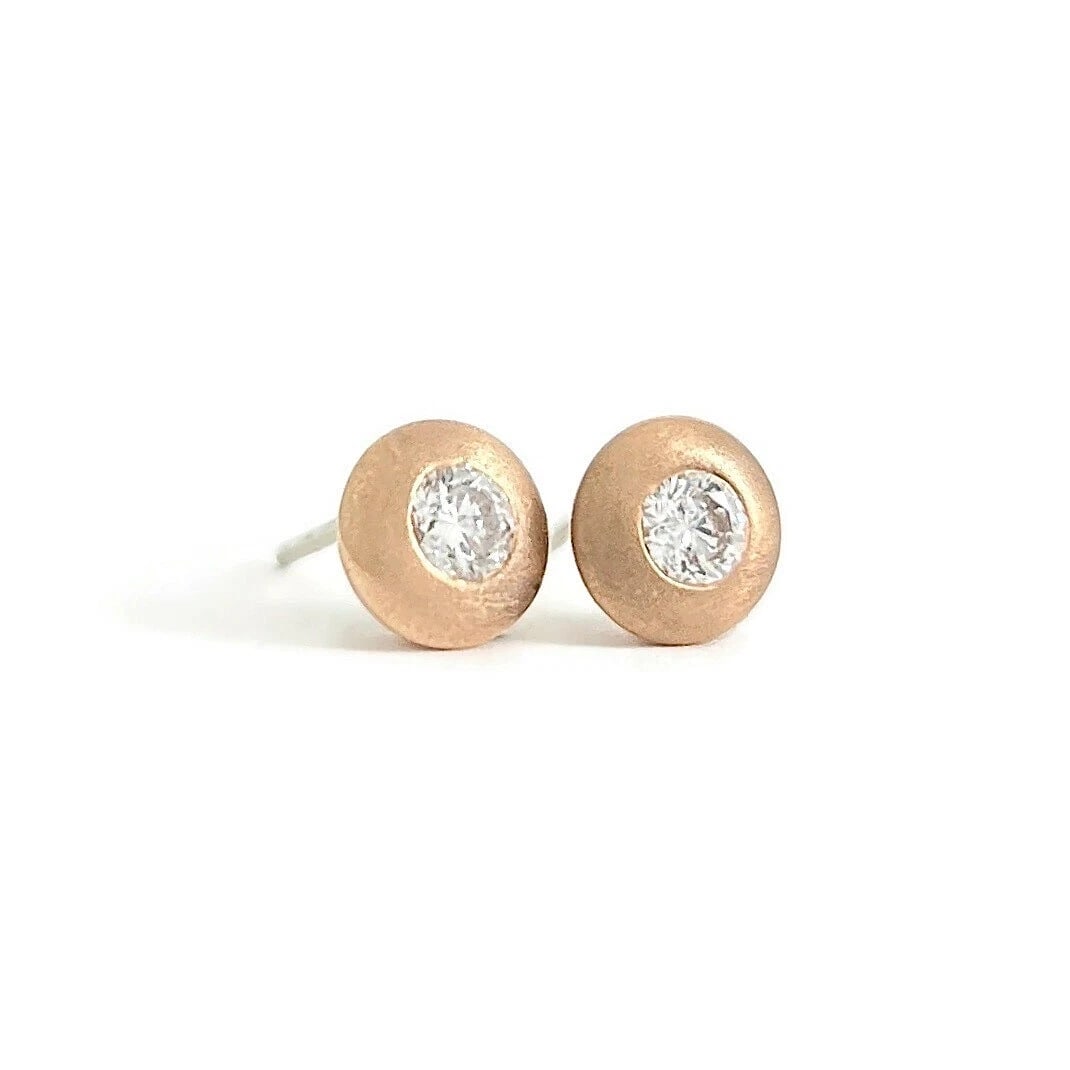 Round Thick Satin Bezel Diamond Stud Earrings 14K Pink Rose Gold .33 CTW: Round Thick Satin Bezel Diamond Stud Earrings 14K Pink Rose Gold .33 CTW These are beautiful earrings! Please let us know if you have any questions. Diamonds: 2 round brilliant cuts, .33 ctw, F, SI2