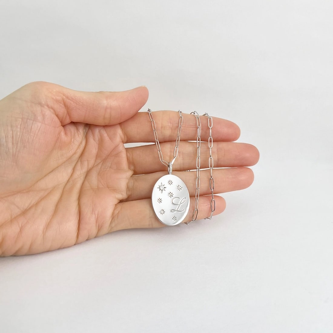 Letter L Initial Diamond Disc Paperclip Pendant Necklace 14K White Gold .11 CTW - 2