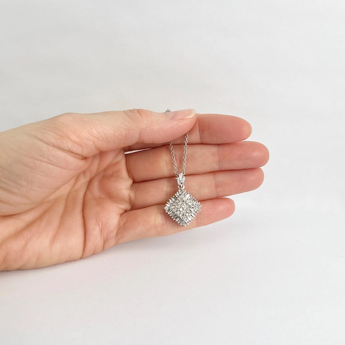 Baguette Round Diamond Cluster Pendant Necklace 14K White Gold 1.62 CTW - 2