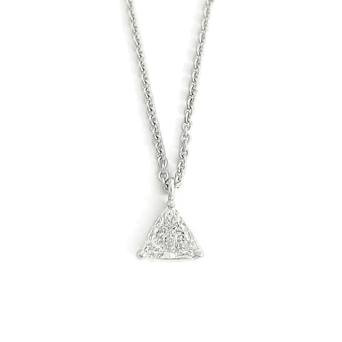 Trillion Diamond Triangle Pendant Necklace 14K White Gold, .80 CT: Trillion Diamond Triangle Pendant Necklace 14K White Gold, .80 CT This is a beautiful necklace. Please let us know if you have any questions :) Diamonds: 1 trillion cut, .80 ct, F, VS2 Metal: 14K