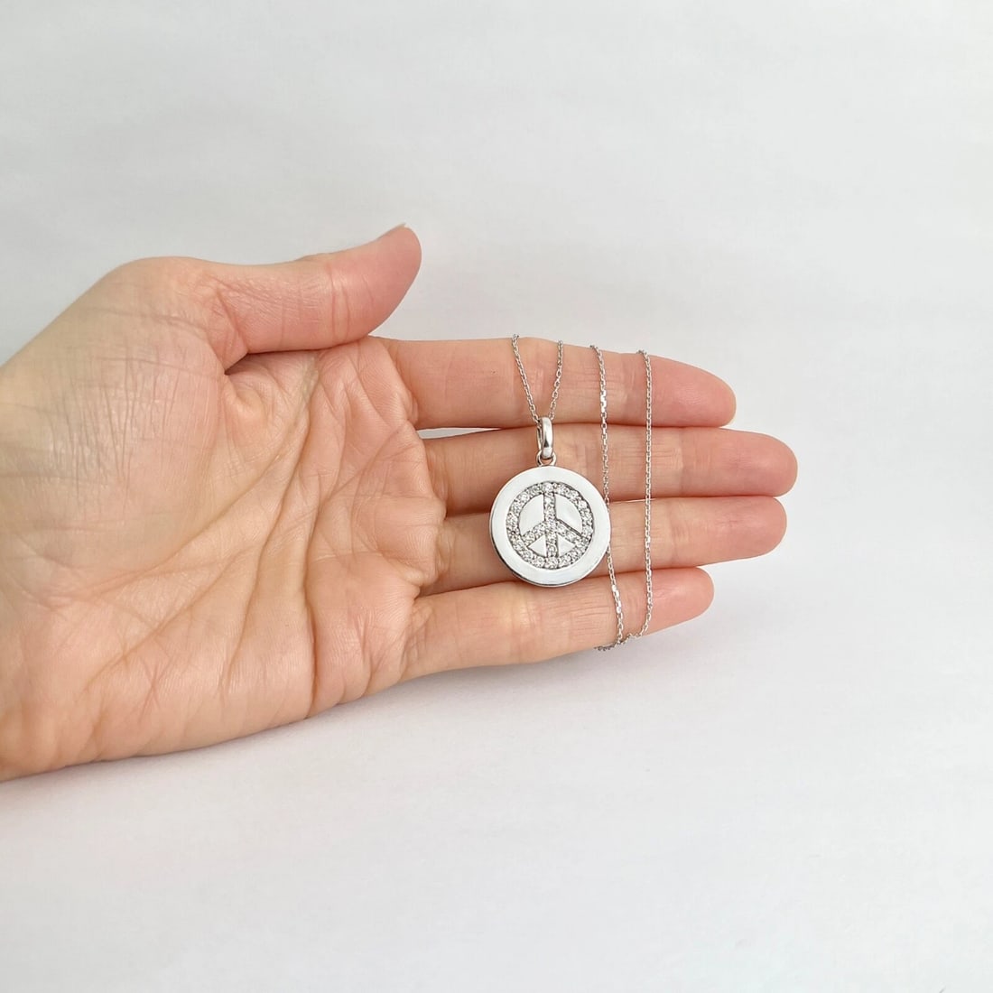 Diamond Peace Sign Round Disc Pendant Necklace 14K White Gold, .70 CTW - 2