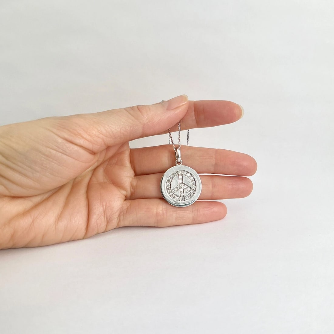 Diamond Peace Sign Round Disc Pendant Necklace 14K White Gold, .70 CTW - 4