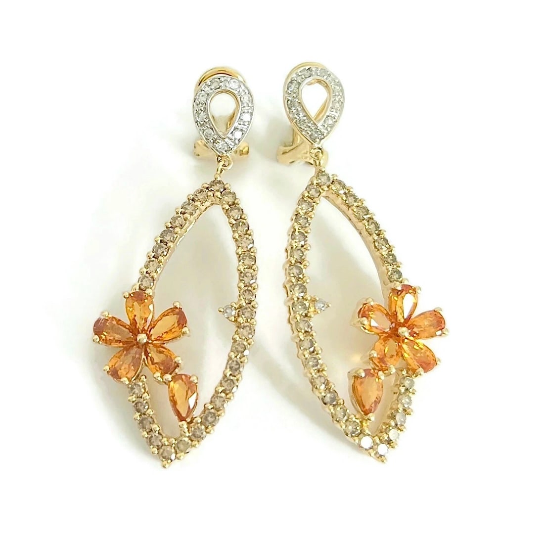 Orange Sapphire Diamond Flower Dangle Drop Earrings 14K Yellow Gold, 4.55 CTW: Orange Sapphire Diamond Flower Dangle Drop Earrings 14K Yellow Gold, 4.55 CTW These are lovely earrings! Please let us know if you have any questions. Gemstones: 12 pear shaped orange sapphires 3.00 c