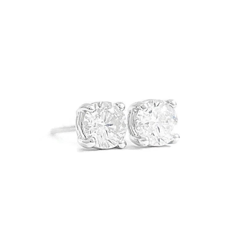 Round Diamond Stud Earrings 14K White Gold 4-Prong Basket, .73 CTW: Round Diamond Stud Earrings 14K White Gold 4-Prong Basket, .73 CTW These are gorgeous diamond stud earrings! Please let us know if you have any questions. Diamonds: 2 round brilliant cuts .73 ctw,