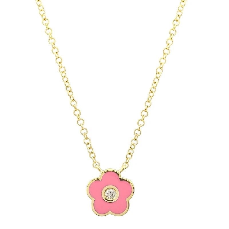 Pink Enamel Flower Diamond Pendant Necklace 14K Yellow Gold, .03 CT: Pink Enamel Flower Diamond Pendant Necklace 14K Yellow Gold, .03 CT This is a lovely necklace. Please let us know if you have any questions :) Diamond: one round brilliant cut, .03 ct, G, SI1 Enamel: 