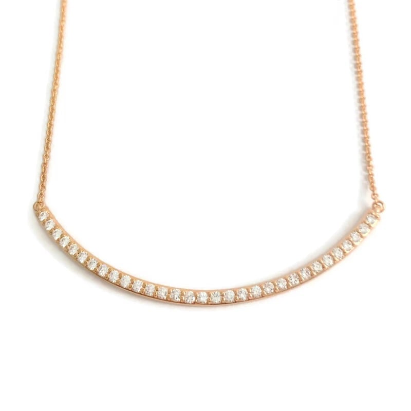 Large Curved Diamond Bar Smile Pendant Necklace 14K Rose Gold, 1.02 CTW: Large Curved Diamond Bar Smile Pendant Necklace 14K Rose Gold, 1.02 CTW Make a statement with this gorgeous diamond necklace. Please let us know if you have any questions. Diamonds: 31 round brilliant