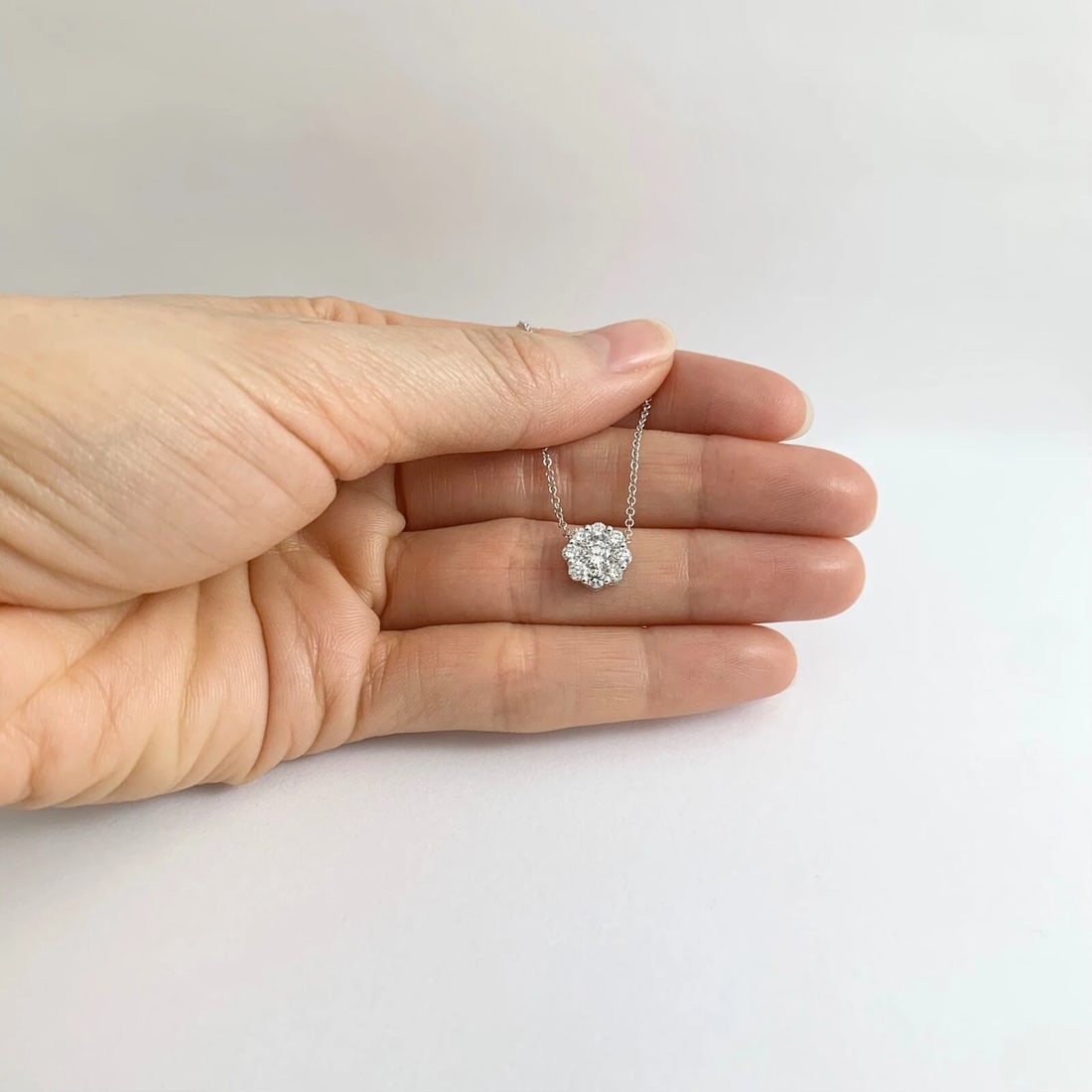 Round Diamond Cluster Halo Pendant Necklace 14K White Gold, .77 CTW - 3