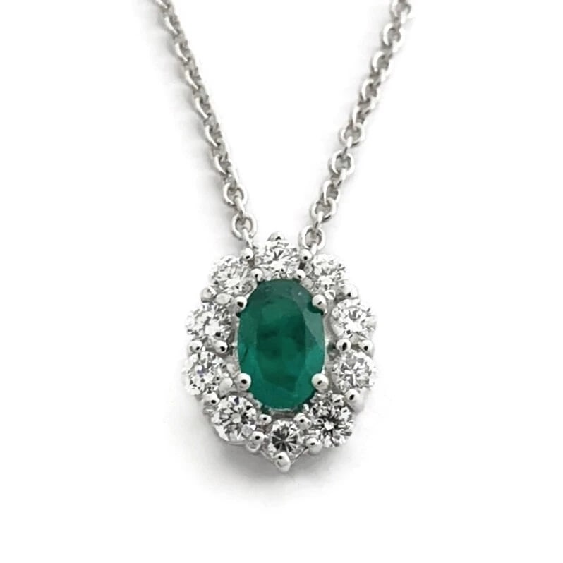 Oval Green Emerald Diamond Halo Gemstone Pendant Necklace 14K White Gold .90 CTW: Oval Green Emerald Diamond Halo Gemstone Pendant Necklace 14K White Gold .90 CTW Make a statement with this gorgeous necklace! Please let us know if you have any questions. Gemstone: 1 oval green emer