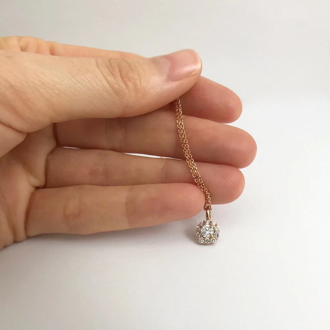 Round Diamond Halo Pendant Necklace 14K Pink Rose Gold, .44 CTW - 4