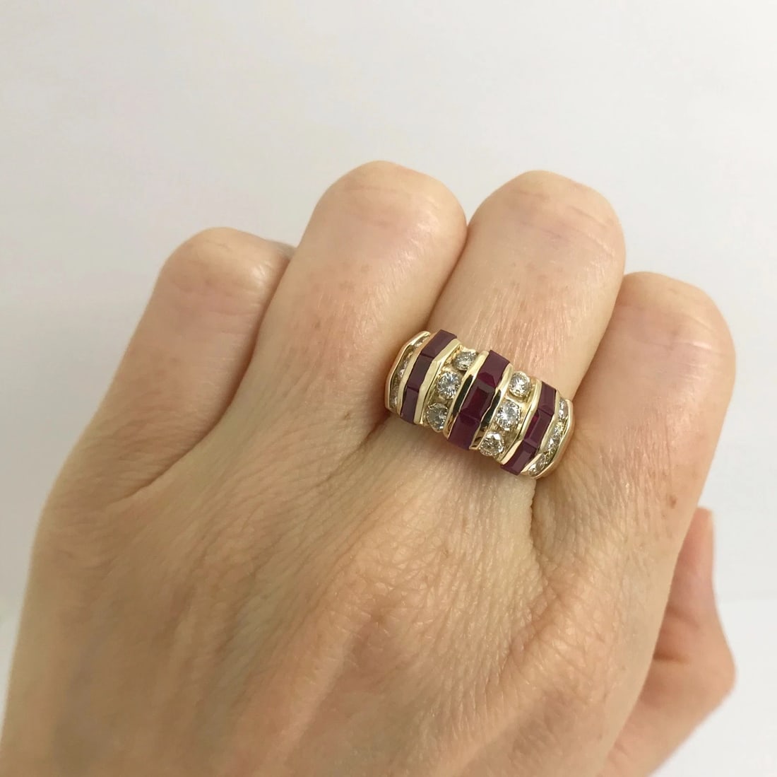 Wide Baguette Ruby Diamond Cocktail Ring 14K Yellow Gold, 1.30 CTW, 7.87 Grams - 2
