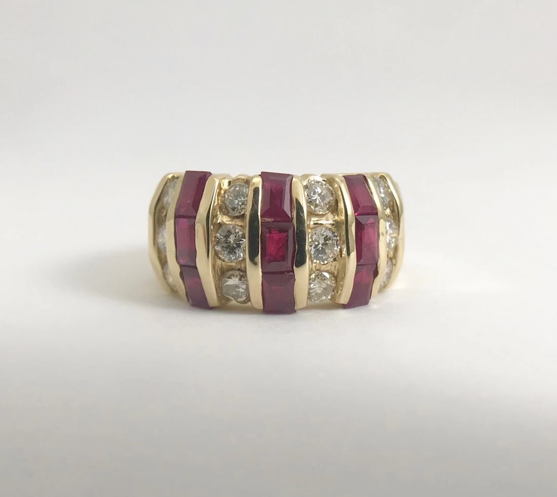 Wide Baguette Ruby Diamond Cocktail Ring 14K Yellow Gold, 1.30 CTW, 7.87 Grams - 7