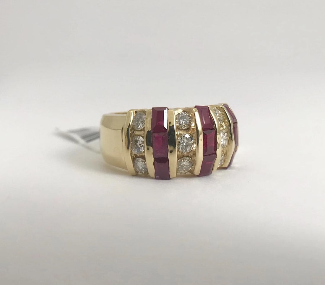 Wide Baguette Ruby Diamond Cocktail Ring 14K Yellow Gold, 1.30 CTW, 7.87 Grams - 8