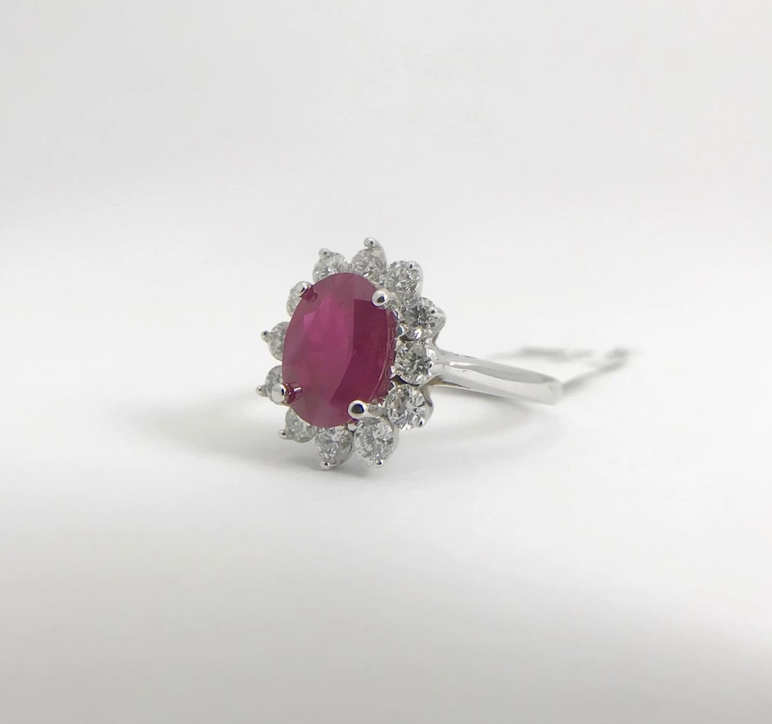Oval Ruby Diamond Halo Cocktail Statement Ring 18K White Gold, 2.75 CTW - 10