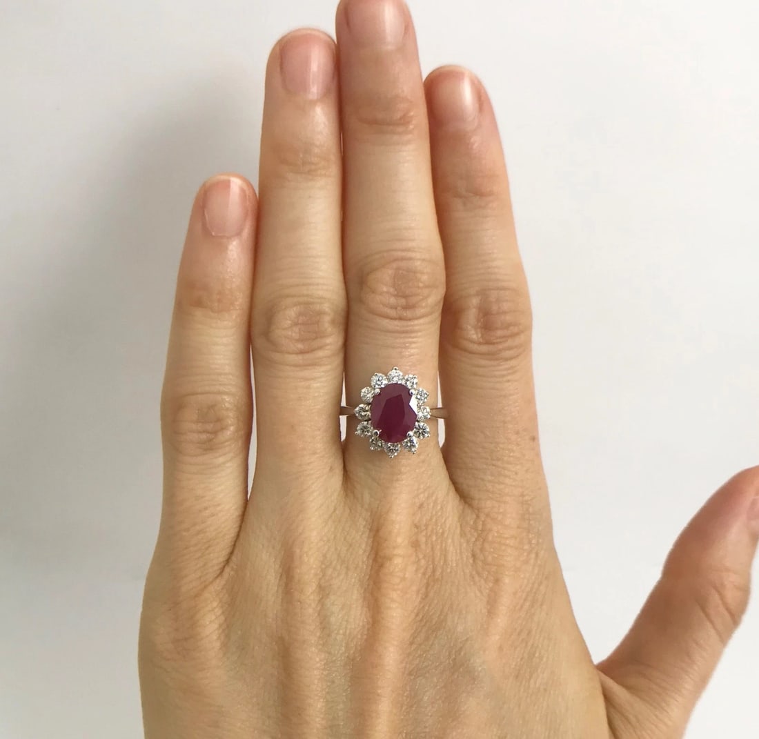 Oval Ruby Diamond Halo Cocktail Statement Ring 18K White Gold, 2.75 CTW - 2