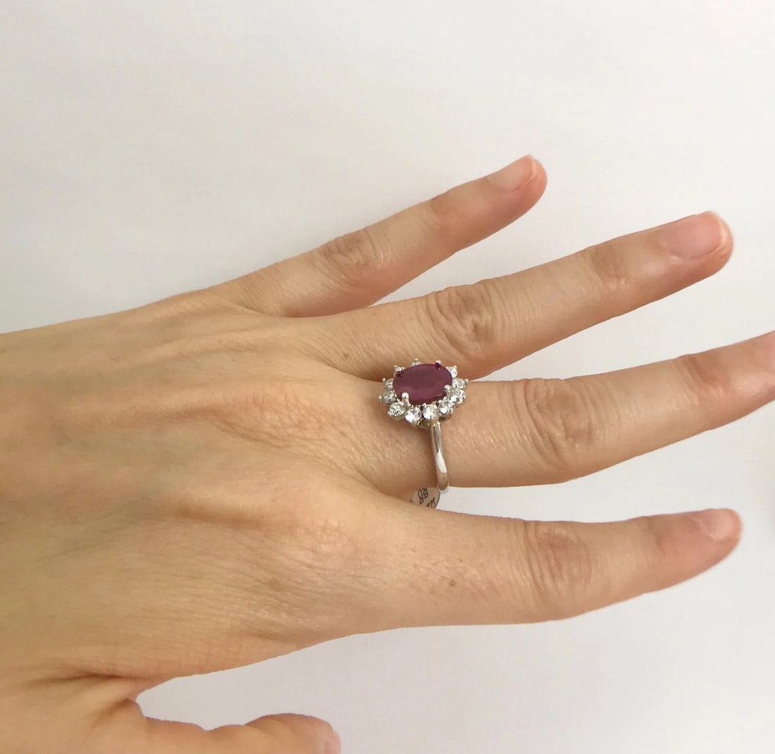 Oval Ruby Diamond Halo Cocktail Statement Ring 18K White Gold, 2.75 CTW - 4