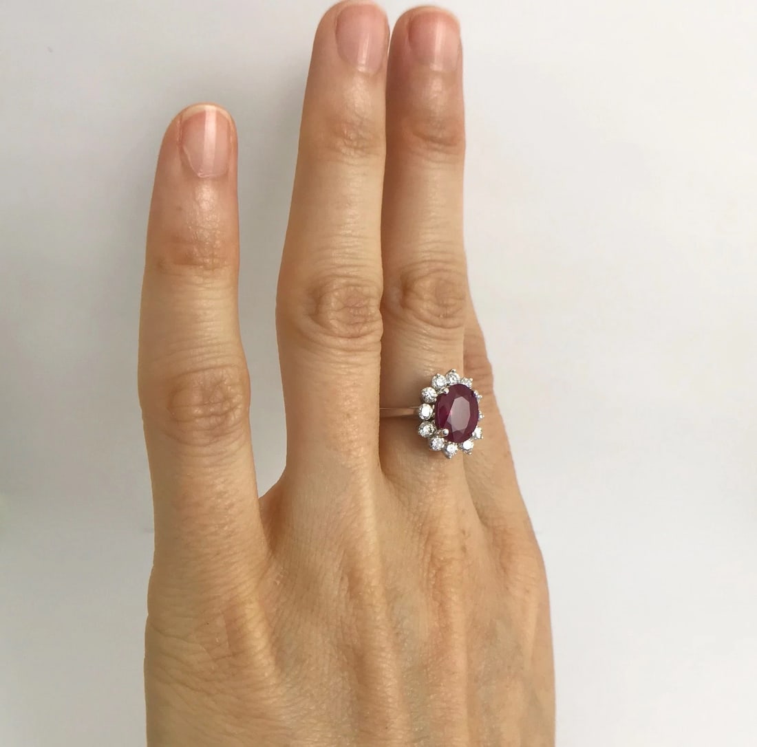 Oval Ruby Diamond Halo Cocktail Statement Ring 18K White Gold, 2.75 CTW - 5