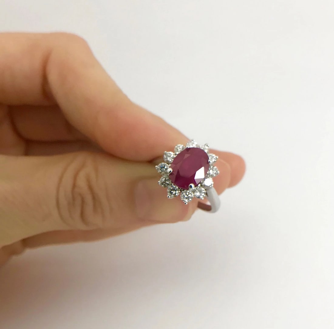 Oval Ruby Diamond Halo Cocktail Statement Ring 18K White Gold, 2.75 CTW - 6