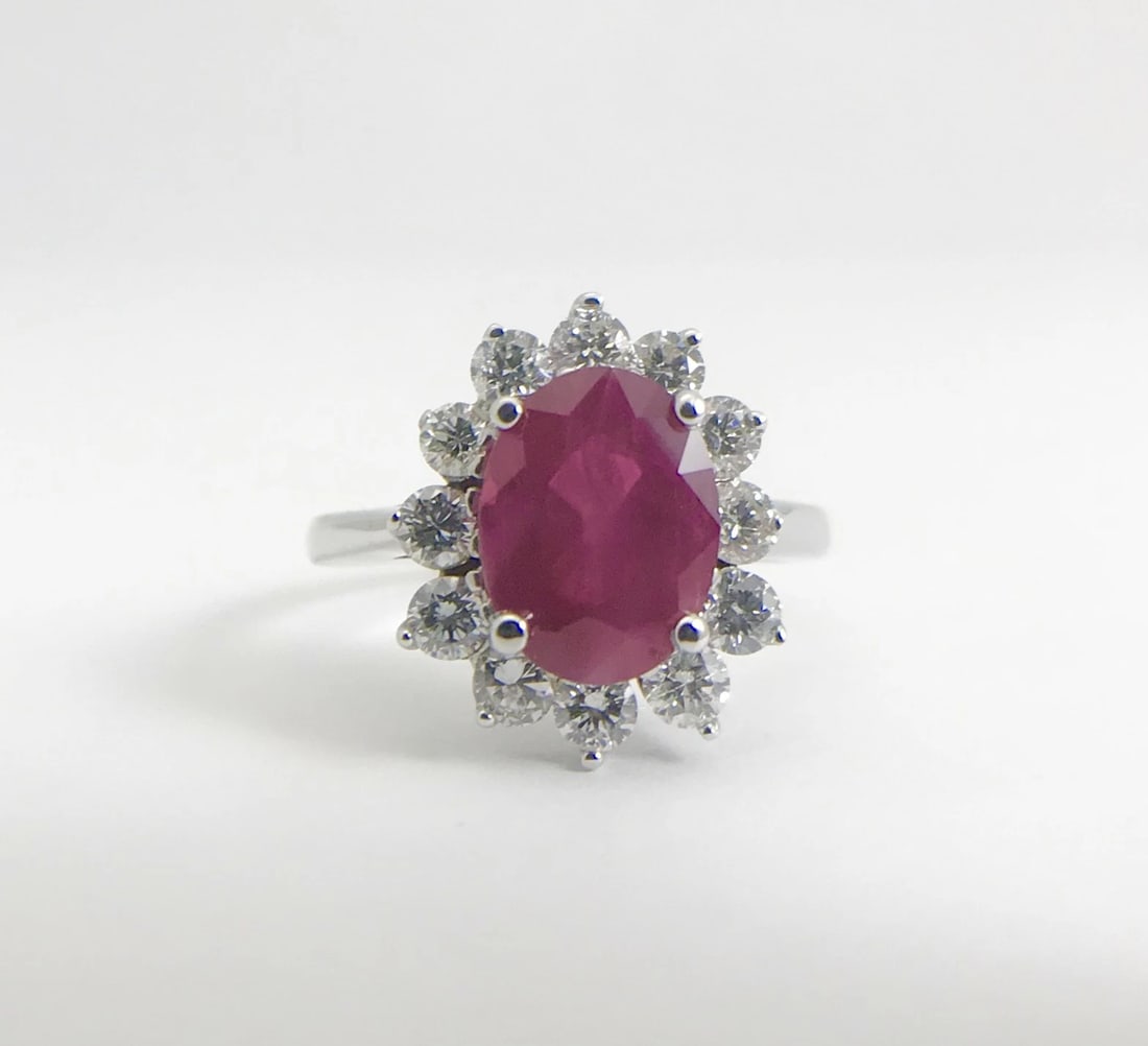 Oval Ruby Diamond Halo Cocktail Statement Ring 18K White Gold, 2.75 CTW - 7