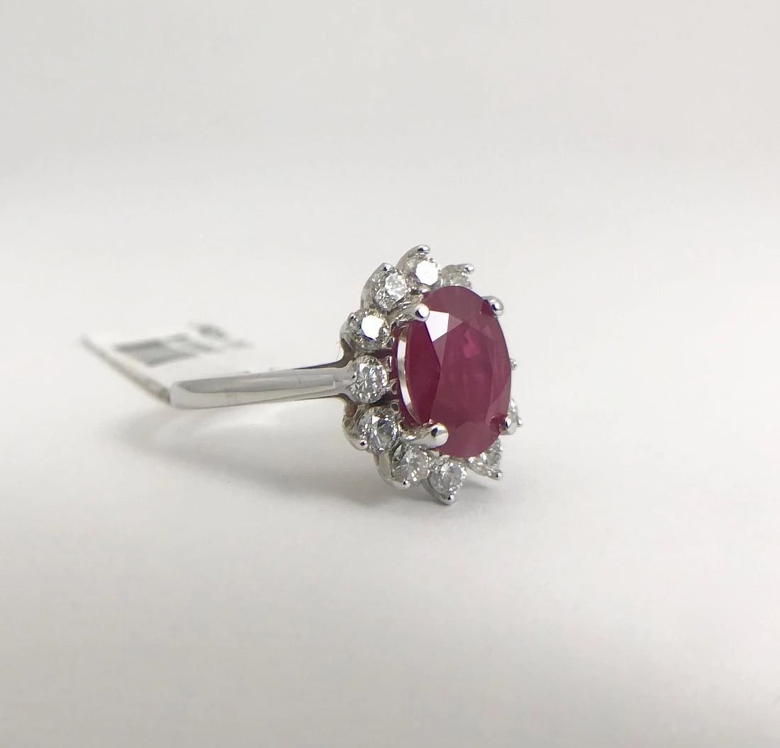 Oval Ruby Diamond Halo Cocktail Statement Ring 18K White Gold, 2.75 CTW - 9