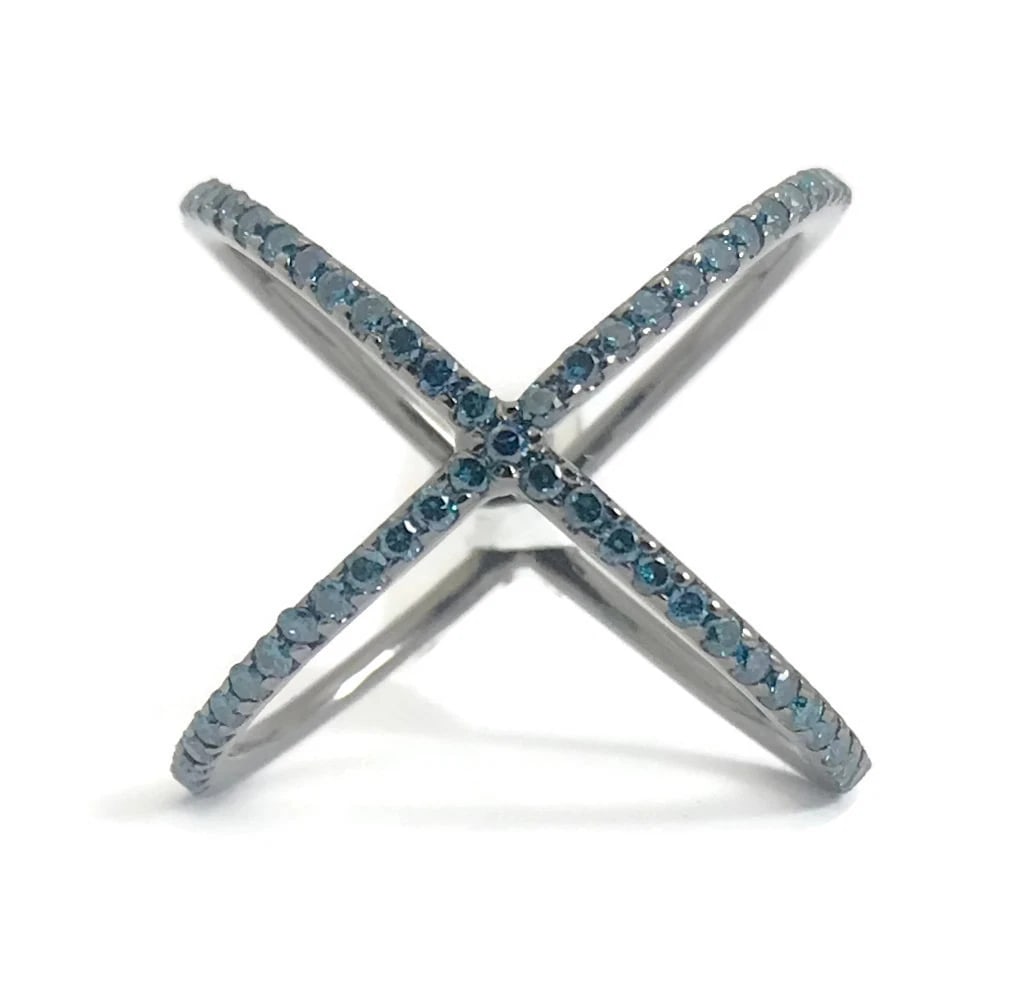 Blue Diamond X Crisscross Statement Ring in Black 14K White Gold, 3.23 Grams: Blue Diamond X Crisscross Statement Ring in Black 14K White Gold, 3.23 Grams This ring is a gorgeous statement piece! Please let us know if you have any questions. Diamonds: 57 irradiated blue diamond
