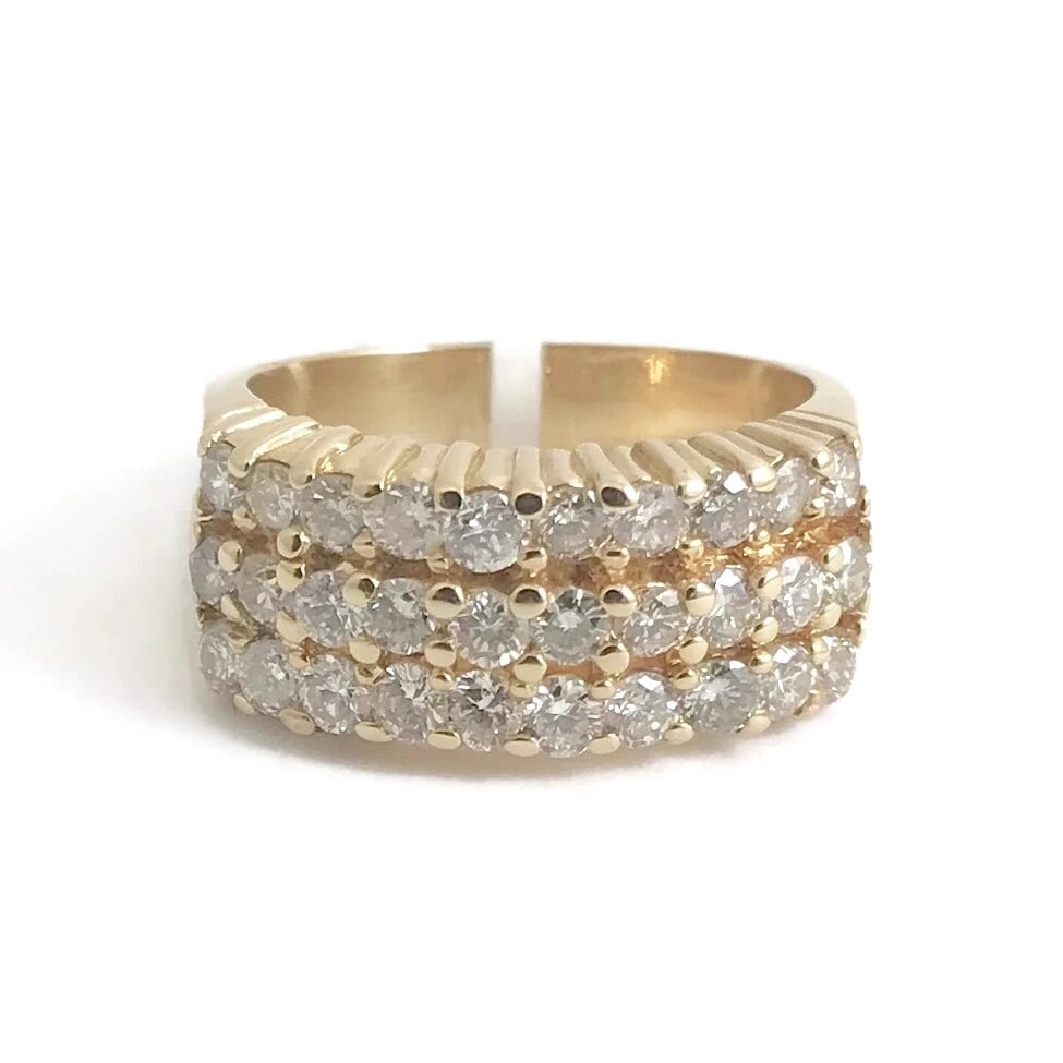 Wide 3-Row Diamond Statement Band Ring in 14K Yellow Gold 1.05 CTW, 4.33 Grams: Wide 3-Row Diamond Statement Band Ring in 14K Yellow Gold 1.05 CTW, 4.33 Grams Make a statement with this gorgeous ring. Please let us know if you have any questions. Diamonds: 30 round brilliant cuts