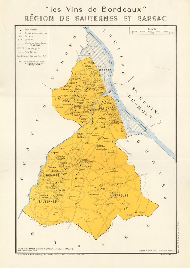 BORDEAUX VINS WINE. Région de Sauternes et Barsac. Larmat 1949 old vintage map: Title: BORDEAUX VINS WINE. Région de Sauternes et Barsac. Larmat 1949 old vintage map Description: Les Vins de Bordeaux - Région de Sauternes et Barsac' by Larmat, Louis. Published 1949.