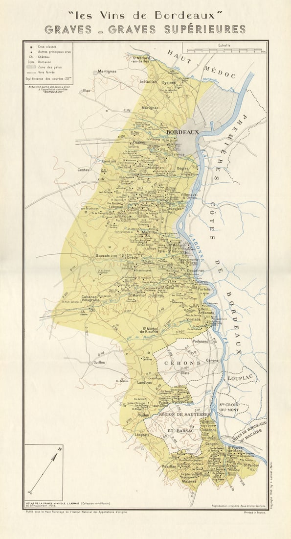 BORDEAUX WINE. Vins de Bordeaux - Graves - Graves Supérieurs. Larmat 1949 map (1 of 1)