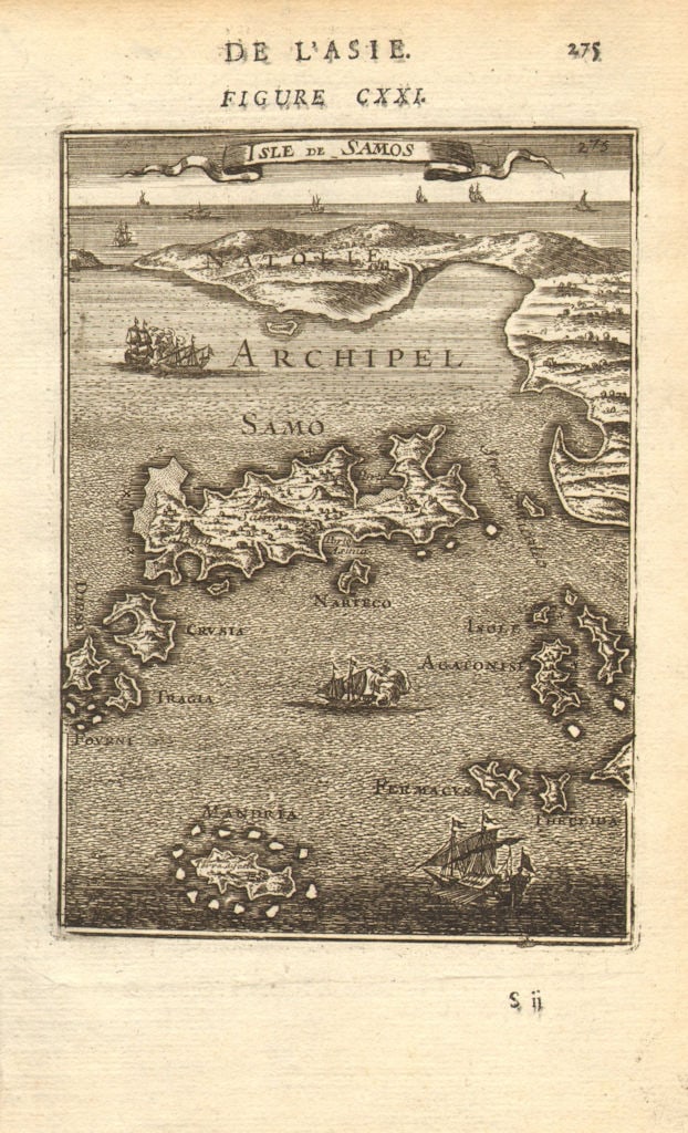 AEGEAN. Samos Mandria (Arkoi) Agathonisi Kisiria Farmakonisi. MALLET 1683 map: Title: AEGEAN. Samos Mandria (Arkoi) Agathonisi Kisiria Farmakonisi. MALLET 1683 map Description: Isle de Samos' (De L'Asie). The map depicts the Greek Aegean islands of Samo (Samos), Mandria (Arkoi),