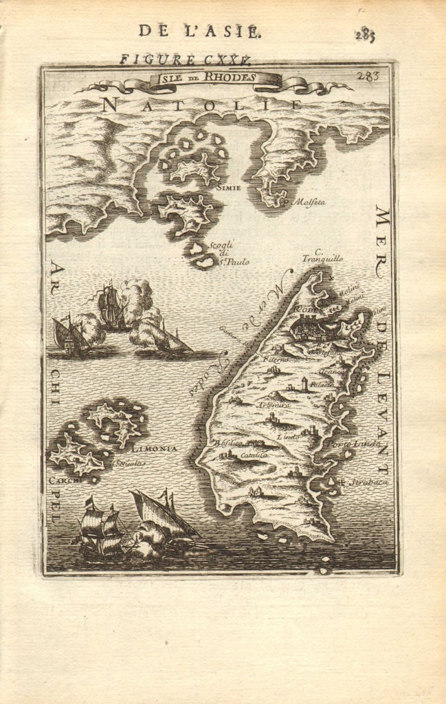 DODECANESE. Rhodes Limonia (Alimia) Symi Carchi (Chalki). MALLET 1683 old map: Title: DODECANESE. Rhodes Limonia (Alimia) Symi Carchi (Chalki). MALLET 1683 old map Description: Isle de Rhodes' (De L'Asie). The map depicts the Dodecanese islands of Rhodes, Limonia (Alimia), Simie
