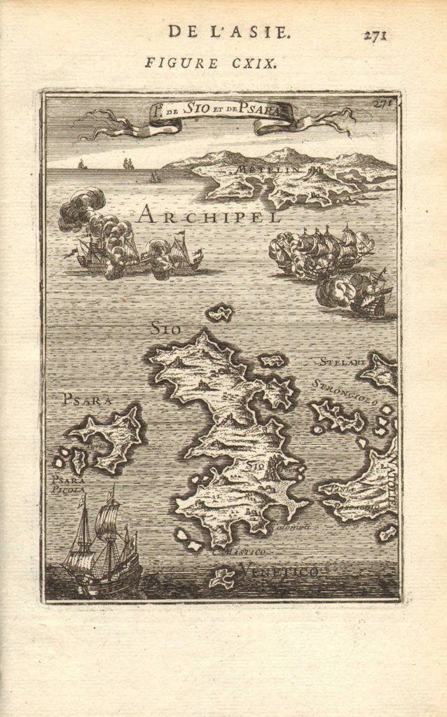 AEGEAN ISLANDS. Sio (Chios) Pasara (Psara) & Mitylene (Lesbos). MALLET 1683 map: Title: AEGEAN ISLANDS. Sio (Chios) Pasara (Psara) & Mitylene (Lesbos). MALLET 1683 map Description: Is. de Sio et de Pasara' (De L'Asie). The map depicts the Greek islands of Sio (Chios), Pasara