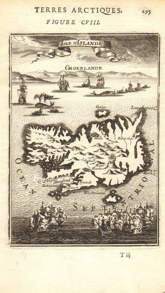 ICELAND. 'Isle d'Islande' Whaling ships vignettes Hekla volcano. MALLET 1683 map: Title: ICELAND. 'Isle d'Islande' Whaling ships vignettes Hekla volcano. MALLET 1683 map Description: Isle d'Islande' (Terres Arctiques). Vignettes show a sea battle. The Heckla volcano is shown