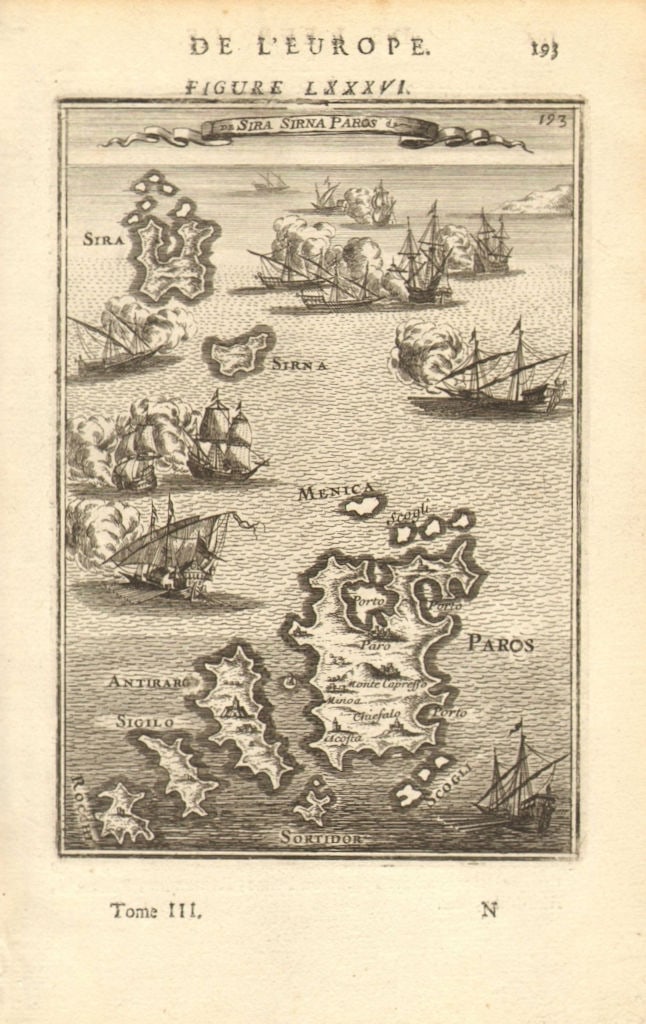 CYCLADES Sira (Syros/Siros) Paros Antiparos Greek islands Aegean MALLET 1683 map: Title: CYCLADES Sira (Syros/Siros) Paros Antiparos Greek islands Aegean MALLET 1683 map Description: I(sles) de Sira Sirna Paros' (De L'Europe). The map depicts the Greek Cycladic islands of Sira (Syr