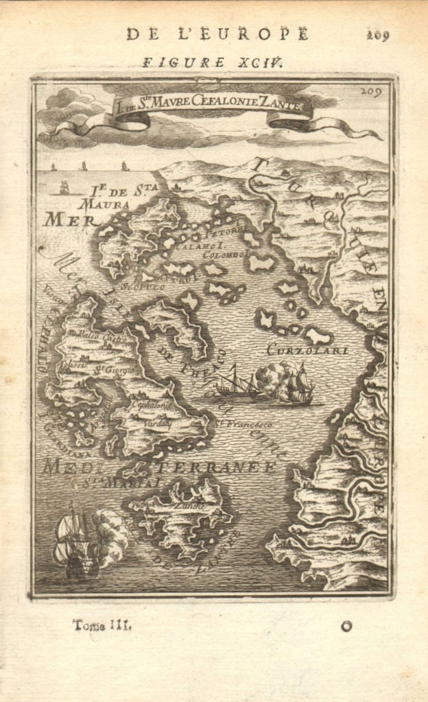 IONIAN ISLANDS. Ithaca Lefkada Zakynthos Kefalonia. Greece. MALLET 1683 map: Title: IONIAN ISLANDS. Ithaca Lefkada Zakynthos Kefalonia. Greece. MALLET 1683 map Description: I(sle) de Ste Maure Cefalonie Zante' (De L'Europe). The maps depicts the Greek Ionian islands of Theaco 