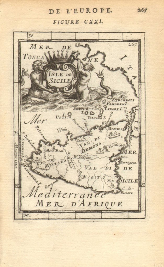 SICILY. Sicilia. Decorative map. 'Isle de Sicile'. Italy. MALLET 1683 old (1 of 1)