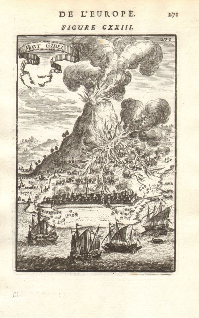 SICILY. 'Mont Gibel' (Mount Etna) & Catania showing 1669 eruption. MALLET 1683 (1 of 1)