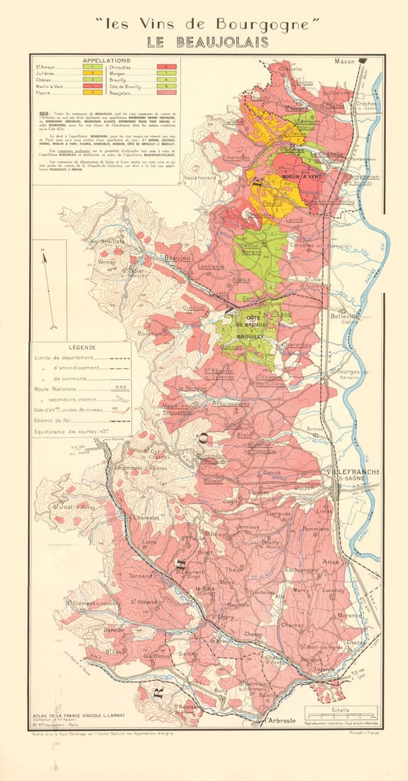 BURGUNDY BOURGOGNE WINE MAP Beaujolais appellations.Fleurie Brouilly LARMAT 1953: Title: BURGUNDY BOURGOGNE WINE MAP Beaujolais appellations.Fleurie Brouilly LARMAT 1953 Description: "Les Vins de Bourgogne" - Le Beaujolais'. The map shows the appellations of St Amour, Juliénas