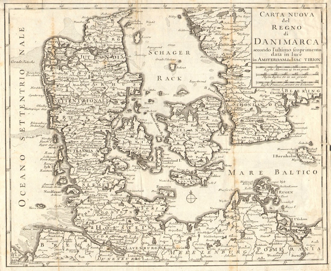 Carta Nuova del Regno di Danimarca…' by Isaac TIRION. DENMARK c1750 old map (1 of 1)